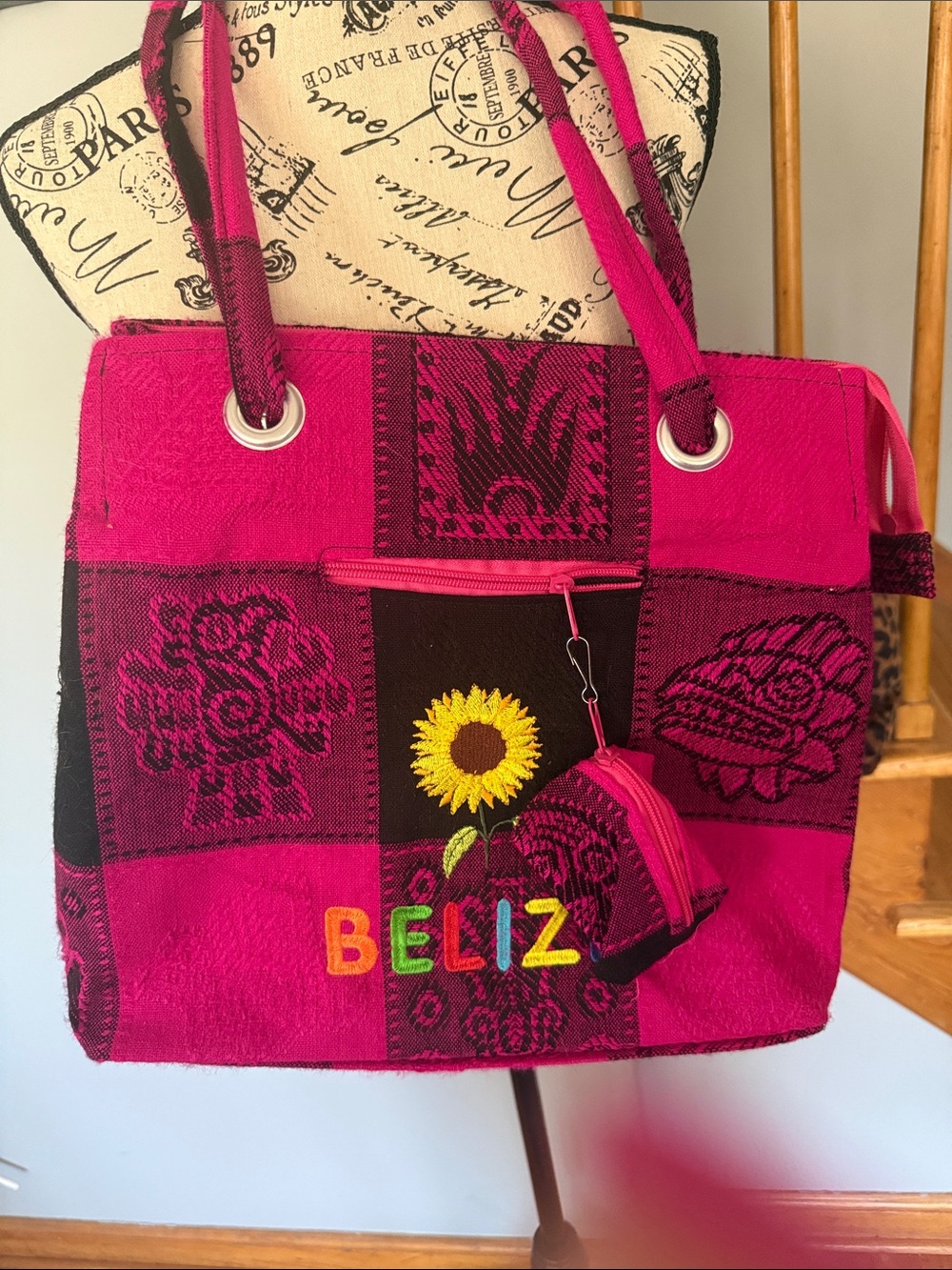 Embroidered Sunflower Tote Bag in Fuchsia